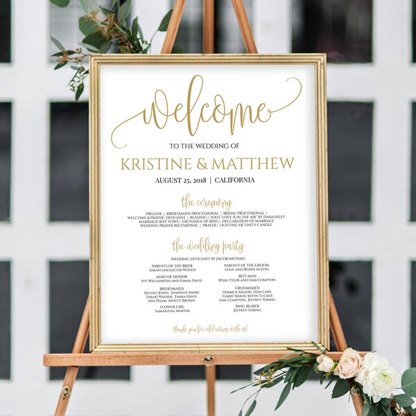 Large Wedding Welcome Sign, Gold Wedding Program Sign, Wedding Party Sign, Wedding Poster Template, Program Sign, Templett Wedding, 6023