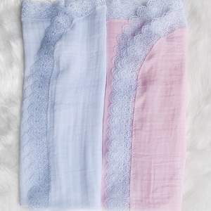 White / Pink Gauze Single Layer Lace Swaddle Blanket, baby blanket