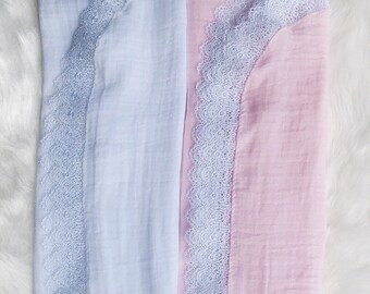 White / Pink Gauze Single Layer Lace Swaddle Blanket, baby blanket