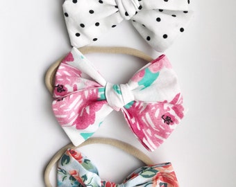 Tied Cotton Baby Girl Bows, polka dot bows, floral bows