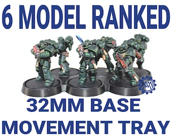 May include: Six green and black painted miniature figures on 32mm bases, arranged in a ranked formation on a black plastic movement tray. The tray has six circular slots for the bases. The text "6 MODEL RANKED 32MM BASE MOVEMENT TRAY" is printed in blue on a white background.