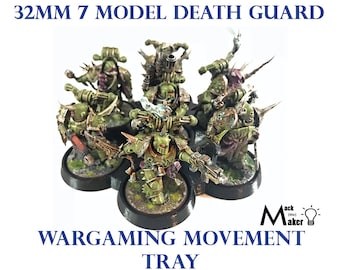 May include: A group of seven Death Guard miniature models, painted in shades of green and brown, are displayed on a black wargaming movement tray. The text "32MM 7 MODEL DEATH GUARD" and "WARGAMING MOVEMENT TRAY" are visible.