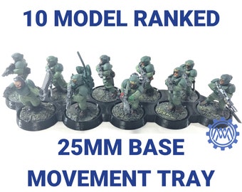 May include: A 10 model ranked 25mm base movement tray for miniature wargaming. The tray is black and has 10 circular slots for bases. The tray is designed to hold miniatures in a ranked formation.