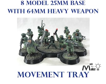 May include: A black plastic movement tray for tabletop wargaming. The tray is designed to hold 8 miniature figures on 25mm bases, and includes a space for a 64mm heavy weapon. The tray features a green and brown textured surface, and the text "MOVEMENT TRAY" is printed on the bottom.