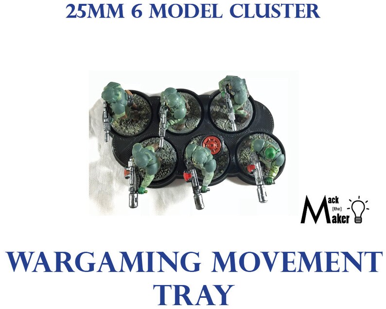 May include: Six 25mm model figures are arranged on a black plastic movement tray. The tray has six circular slots for the figures to stand in. The figures are painted in green and brown camouflage colors. The tray is labeled "Wargaming Movement Tray" and "25MM 6 MODEL CLUSTER".