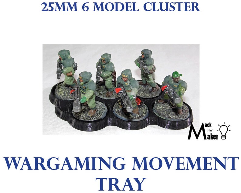 May include: A 25mm 6 model cluster wargaming movement tray with six green painted miniature figures holding weapons. The tray is black and has a circular design.