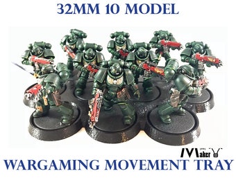 May include: A 32mm 10 model wargaming movement tray with ten green and red painted miniature figures. The tray is black and has a circular design.