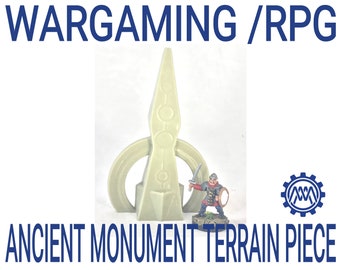 May include: A light green, 3D printed, ancient monument terrain piece for tabletop wargaming and role-playing games. The piece features a tall, pointed spire with a circular base.