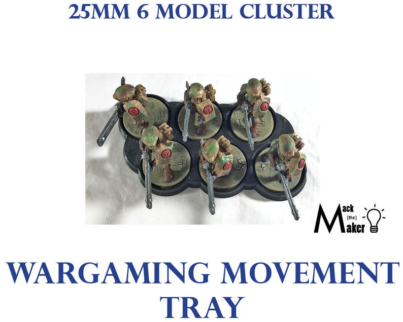 May include: A 25mm 6 model cluster wargaming movement tray with six painted miniatures. The tray is black and has six circular slots for the miniatures. The miniatures are painted in camouflage colors with red accents.