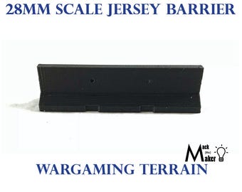 May include: A black plastic 28mm scale Jersey barrier for use in wargaming terrain. The barrier is a common sight on roads and highways.