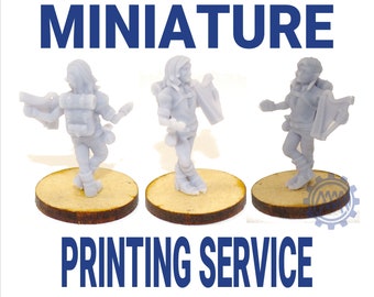 May include: Three gray 3D printed miniature figures of people standing on wooden bases. The figures are holding various objects, including a book, a harp, and a sword. The text "MINIATURE PRINTING SERVICE" is printed in blue letters at the top of the image.