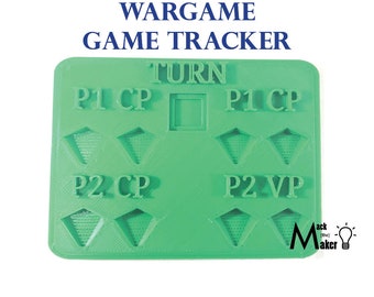 May include: Green plastic game tracker with the text "WARGAME GAME TRACKER" and "TURN" printed on it. The tracker has spaces for two players to track their control points (CP) and victory points (VP).