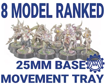 May include: A 25mm base movement tray for 8 model miniatures. The tray is black with a gear logo and the text "25MM BASE MOVEMENT TRAY". The tray is filled with 8 painted miniatures.