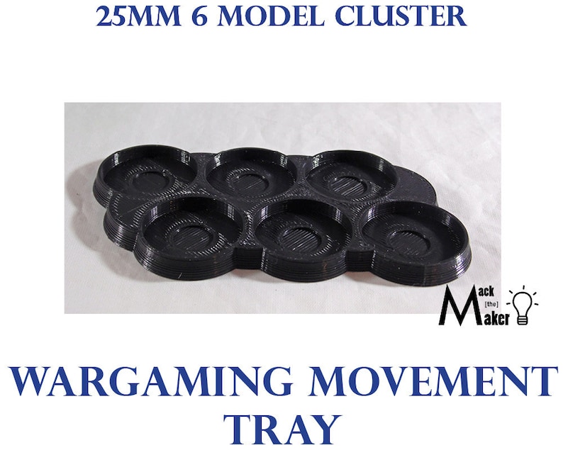 May include: A black plastic tray with six 25mm diameter circular depressions for holding miniature models. The tray is designed for use in wargaming and is labeled "Wargaming Movement Tray".