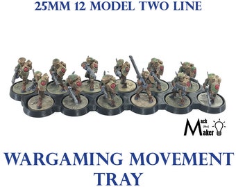 May include: A 12-model, two-line, 25mm wargaming movement tray. The tray is black and has 12 circular spaces for miniatures. The tray is filled with painted miniatures.