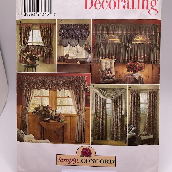 Simplicity 8052 Uncut FF Window Treatments Tab Top, Balloon Curtain, Federal Valance, Four Cafe Curtains, Scarf and Tab,