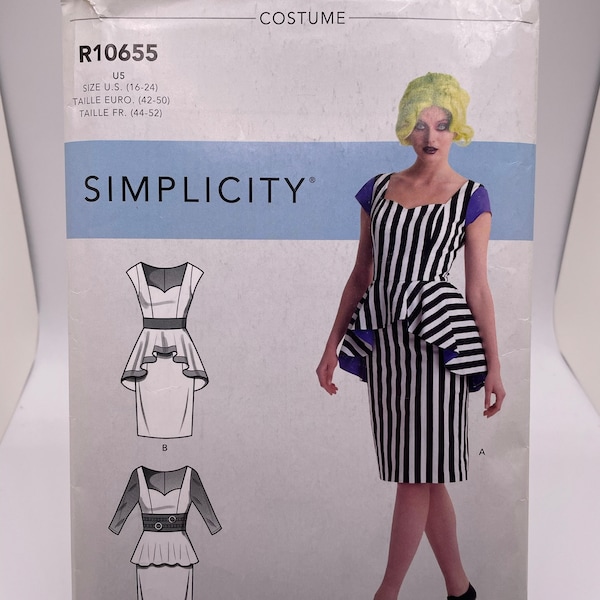Simplicity R10655 Misses Sizes 16 - 24 Peplum Dress with Sleeve Variations Beetlejuice Bishoujo Costume