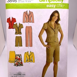 May include: Simplicity pattern number 3846, easy chic, for sizes 12-20, EUR 38-46, FR 40-48. The pattern includes instructions for making a jacket, pants, shorts, and skirt. The model is wearing a brown jacket, brown shorts, and a brown top.
