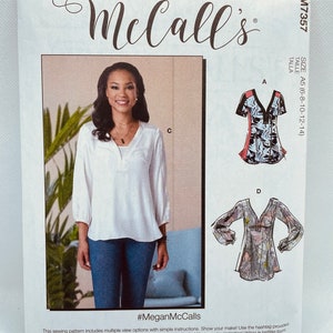 McCall's M7357 Uncut FF Sizes 6 - 14 Misses V Neck Tunic with sleeve variations