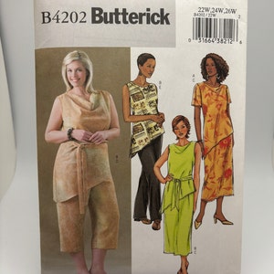 May include: A sewing pattern for a women's top and pants. The pattern is for sizes 22W, 24W, and 26W. The pattern is from Butterick and the pattern number is B4202.