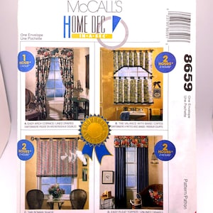May include: A McCall's Home Dec sewing pattern envelope, number 8659, featuring four window treatment designs: an arched cornice with lined drapes, a tab valance with band, a tab roman shade, and an easy pleat topper with unlined drapes.