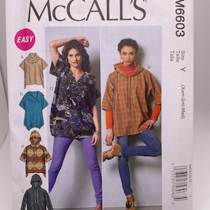 McCall&#39;s M6603 Uncut FF Misses Sizes XS,S,M Oversized Pullover Tops with Collar, Hood and Sleeve Variations