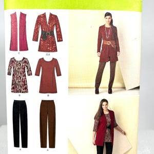 May include: Simplicity sewing pattern number 1593 AA for sizes US 10-18, Euro 36-44, and French 38-46. The pattern includes instructions and diagrams for making a long red vest, a red top with long sleeves, a red tunic with long sleeves, a black pair of pants, and a brown pair of pants.