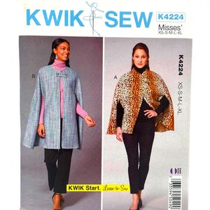 Kwik Sew K4224 Misses Lined Capes with Arm Openings and Button Tab Closure, Sizes XS - XL Uncut FF