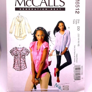 May include: A McCall's M6512 sewing pattern envelope for sizes DD (12-14-16-18). The front displays illustrations and photographs of two blouse styles: a short-sleeved floral print top and a long-sleeved tie-neck blouse, both by Melissa Watson.