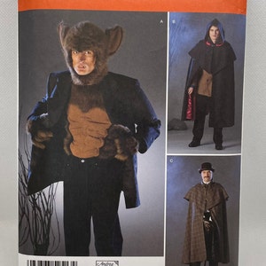 May include: A Simplicity sewing pattern for a costume with three different looks. The first look is a werewolf costume with a furry headpiece, a brown vest, and a black jacket. The second look is a black cape with a red lining. The third look is a brown plaid cape with a black hat and a cane. The pattern number is 2513.