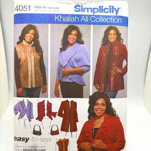 May include: Simplicity sewing pattern number 4051, Khaliah Ali Collection, for sizes 18W-24W, featuring four different styles of jackets with a ruffled detail. The pattern includes instructions for making a jacket with a zipper closure, a jacket with a button closure, a jacket with a shawl collar, and a jacket with a stand-up collar.