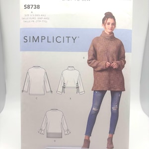 Simplicity S8738 Uncut FF Misses Sizes XXS-XXL Loose Fit Pullover Knit Tunic, Pull over Mini Dress with Cowl or Round Neckline