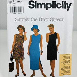 May include: Simplicity sewing pattern number 7958 for a sheath dress. The pattern includes three different neckline options: notched, shaped V-neck, and round. The pattern is for sizes 12, 14, and 16. The pattern is for a dress with a side slit.