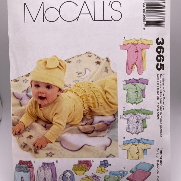 McCall's 3665 Uncut FF Layette Newborn - Large Coverall, Top, Bodysuit, Pants, Diaper Cover, Blanket, Bib, Hat