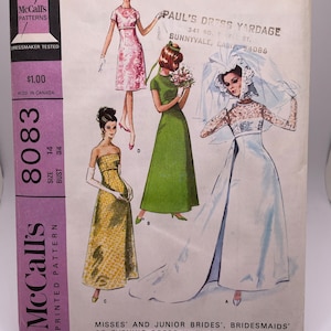 McCall&#39;s 8083 Uncut FF Size 14 Bust 34 Ca. 1965 Bridal Gown with Empire Waist, Lace Overlay and Train; Bridesmaid or Evening Dresses