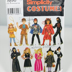 May include: Simplicity Costumes sewing pattern number 9698 for children's costumes. The pattern includes designs for a cowboy, Native American, knight, devil, ninja, grim reaper, pirate, fairy, witch, and a priest. The pattern is for sizes 3-8.