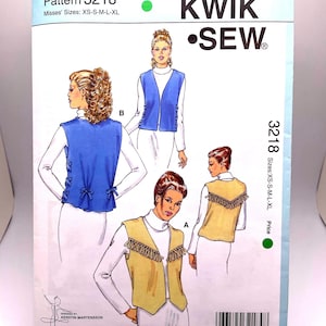 Kwik Sew 3218 Uncut FF Sizes XS - XL Misses No Sew Fleece or Boiled Wool Vests with Fringe Trim or Side Tie Detail