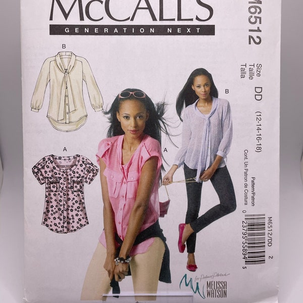 McCall's M6512 Uncut FF Misses Sizes 12 - 18 Loose Fitting Blouses with Sleeve, Neckline and Bodice Variations