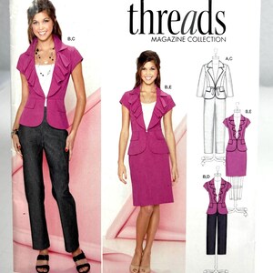May include: A sewing pattern for a pink blazer and skirt set. The pattern is from Simplicity magazine and is for sizes 8-16. The pattern includes instructions for sewing the blazer and skirt, as well as a diagram of the pieces.