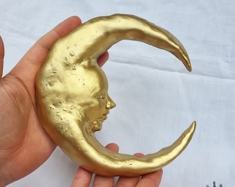 Crescent moon wall sculpture, moon decoration, moon face wall art, fantasy moon, witchy moon, celestial wall decor