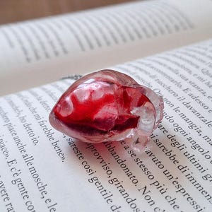 以下が含まれることがあります： 深い赤色の中心部を持つ、透明なハート型のペンダントが、開いた本のページの上に置かれています。 ペンダントの透明な素材は光を通し、内部の赤色を強調しています。 本のテキストが背景に見えます。
