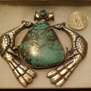 SALE! VTG Tibet Sterling & Turquoise Repousse Double Peacock Pendant 80.5g