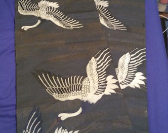 SALE! Antique Japanese Textile Meiji Flying Cranes Maru Obi