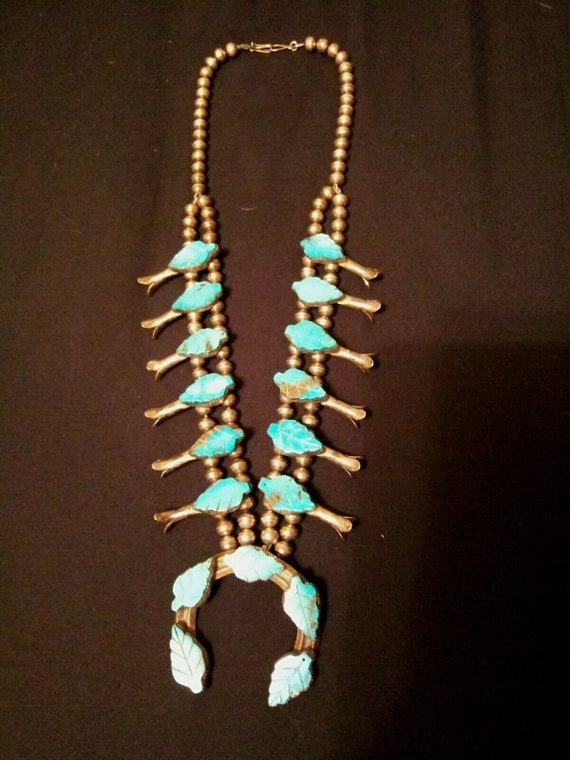 VTG Native American Sterling Carved Turquoise Squash Blossom