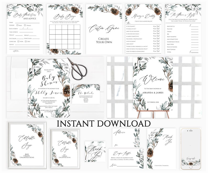 Winter Baby Shower Invitation Template Bundle Rustic INSTANT DOWNLOAD Greenery Printable Christmas Baby Shower Invitate Pinecone