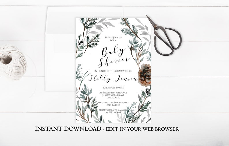 Winter Baby Shower Invitation Template Bundle Rustic INSTANT DOWNLOAD Greenery Printable Christmas Baby Shower Invitate Pinecone