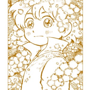 以下が含まれることがあります： セピア色のイラスト。大きな目をした若い人が、花柄の要素に囲まれています。上部と下部に日本語のテキストがあります。スタイルは漫画やアニメを彷彿とさせます。