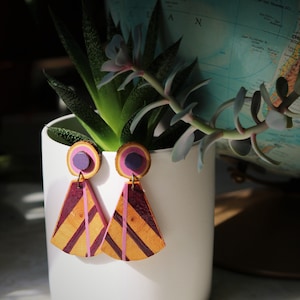 Purple Geometric Wooden Stud Earrings, Handmade Dark and Light Purple Natural Oak Earrings, Statement Accessory