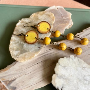 Yellow Wood and yellow turquoise Earrings, Handmade wood and gemstone earrings, handmade natural yellow jewelry