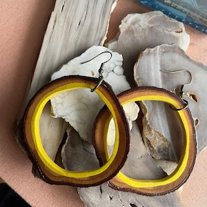 Yellow Hoop Earrings, Handmade Wood Earrings Painted Yellow , Large Wooden womens Jewelry, Natural Statement Hoops